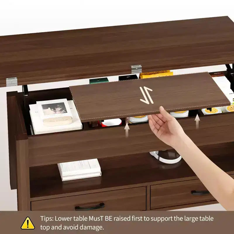 Table basse relevable 40", multifonction 4-en-1 convertible avec tiroirs et compartiment caché