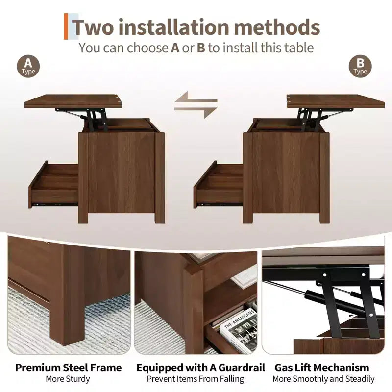 Table basse relevable 40", multifonction 4-en-1 convertible avec tiroirs et compartiment caché