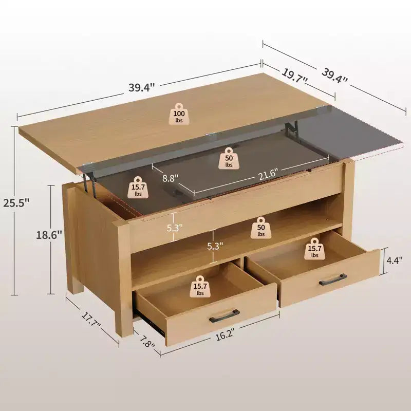 Table basse relevable 40", multifonction 4-en-1 convertible avec tiroirs et compartiment caché