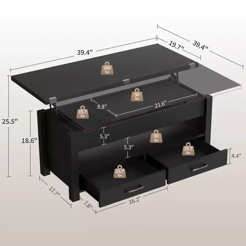 Table basse relevable 40", multifonction 4-en-1 convertible avec tiroirs et compartiment caché