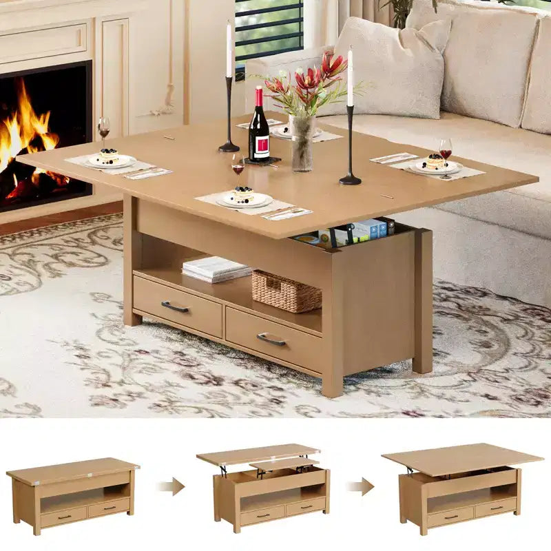 Table basse relevable 40", multifonction 4-en-1 convertible avec tiroirs et compartiment caché
