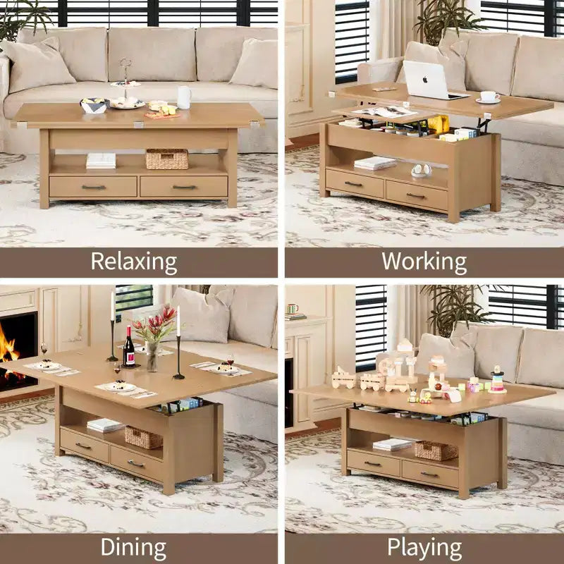 Table basse relevable 40", multifonction 4-en-1 convertible avec tiroirs et compartiment caché