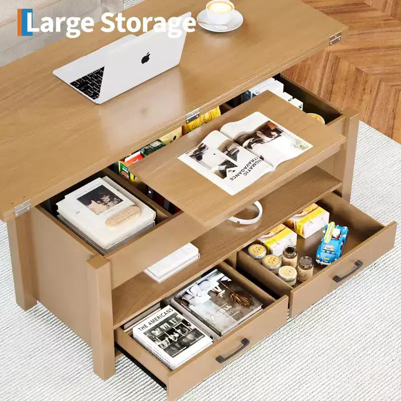 Table basse relevable 40", multifonction 4-en-1 convertible avec tiroirs et compartiment caché