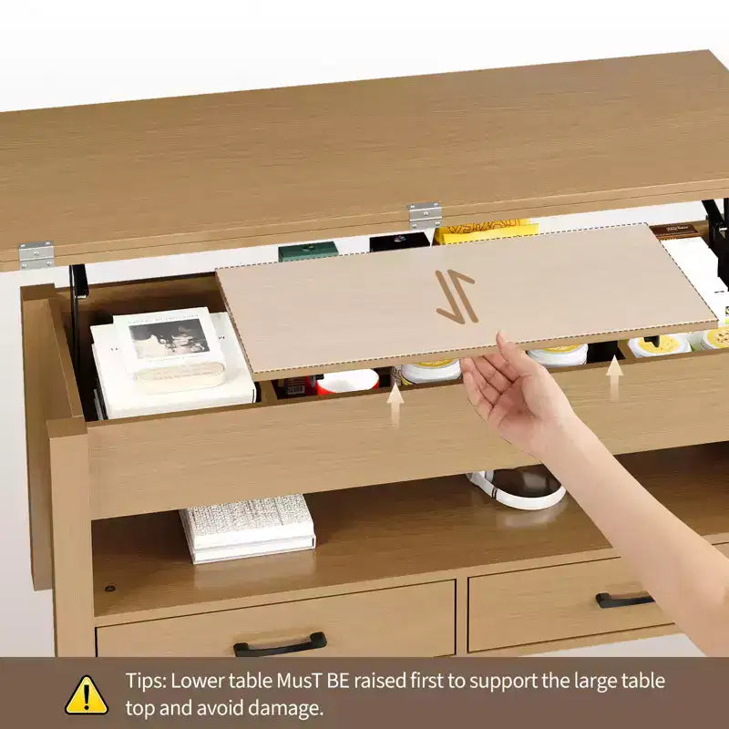 Table basse relevable 40", multifonction 4-en-1 convertible avec tiroirs et compartiment caché