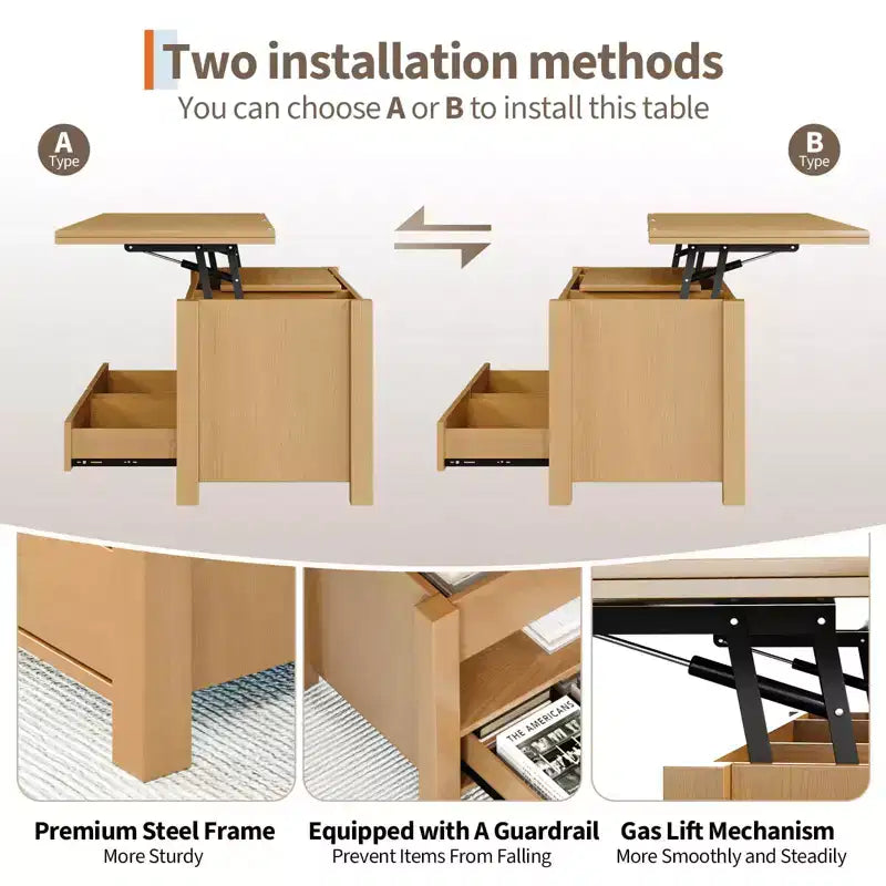 Table basse relevable 40", multifonction 4-en-1 convertible avec tiroirs et compartiment caché