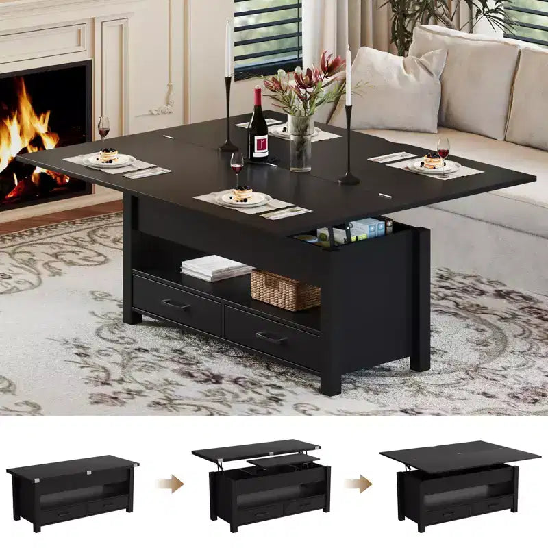 Table basse relevable 40", multifonction 4-en-1 convertible avec tiroirs et compartiment caché