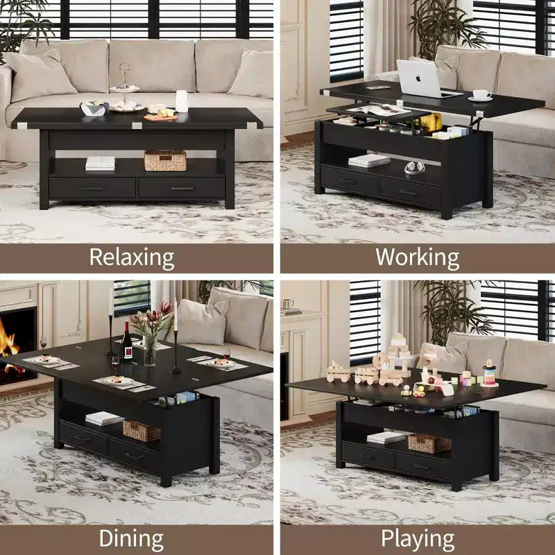 Table basse relevable 40", multifonction 4-en-1 convertible avec tiroirs et compartiment caché