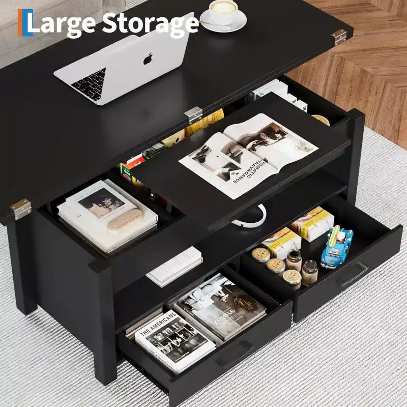 Table basse relevable 40", multifonction 4-en-1 convertible avec tiroirs et compartiment caché