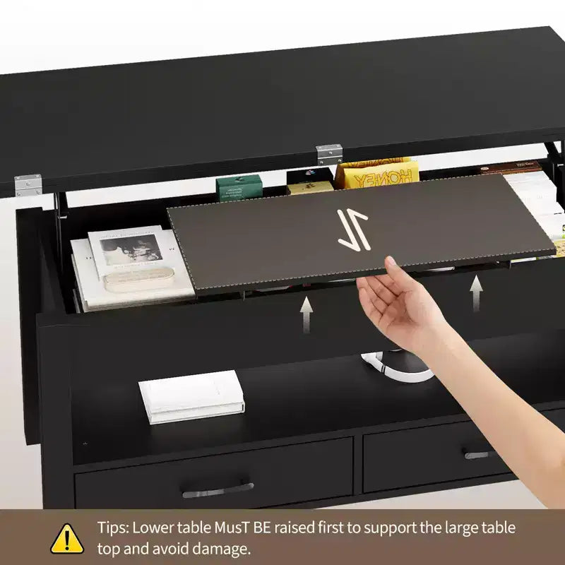 Table basse relevable 40", multifonction 4-en-1 convertible avec tiroirs et compartiment caché