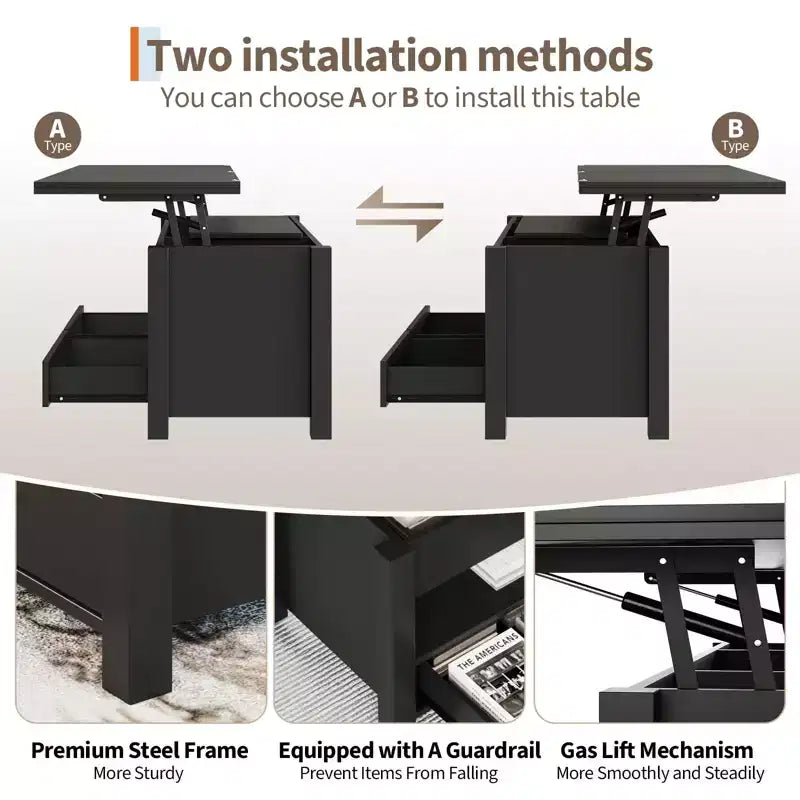 Table basse relevable 40", multifonction 4-en-1 convertible avec tiroirs et compartiment caché