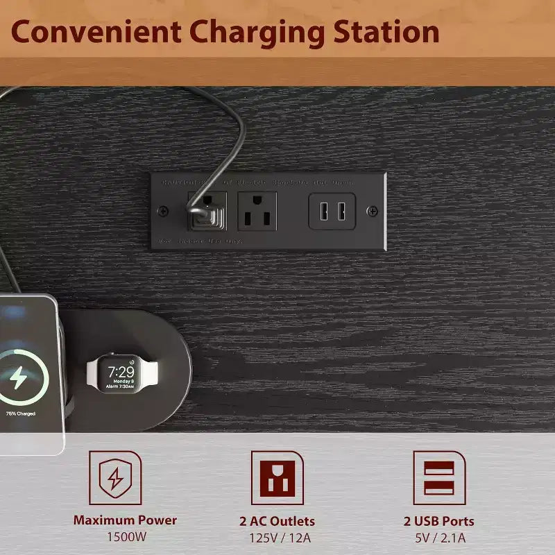 Grand bureau deux places avec station de charge, rangement réglable et tiroirs de classement pour bureau à domicile partagé et étude