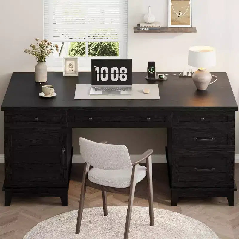 Extra-Large Two-Person Desk with Charging Station, Adjustable Storage & File Drawers for Shared Home Office and Study