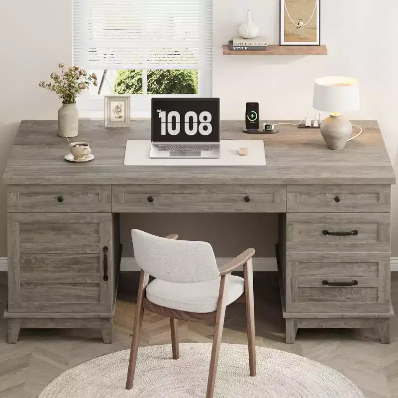 Extra-Large Two-Person Desk with Charging Station, Adjustable Storage & File Drawers for Shared Home Office and Study