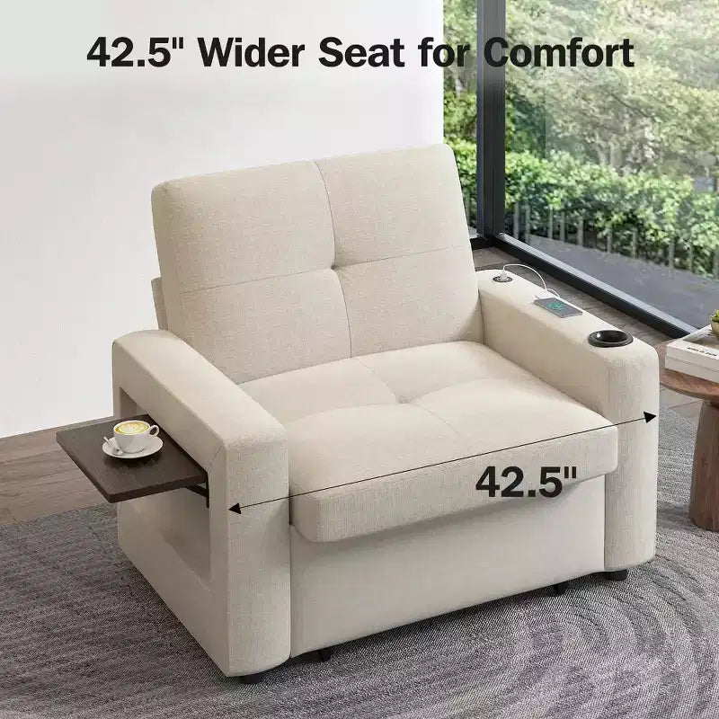 Canapé-lit 3-en-1, lit convertible de 108 cm de large avec dossier réglable, ports USB, table d'appoint et porte-gobelet