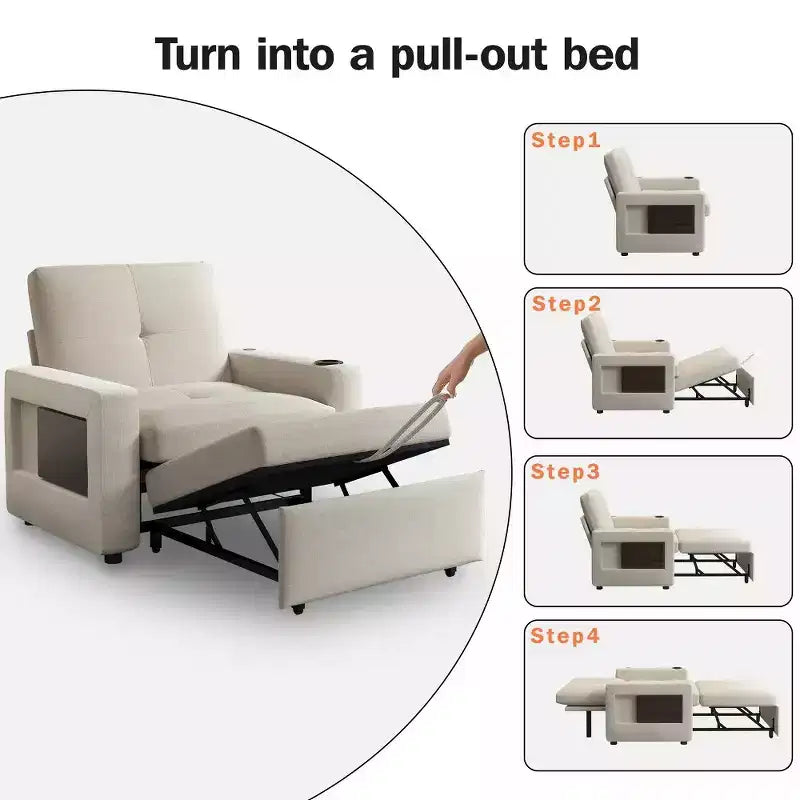 Canapé-lit 3-en-1, lit convertible de 108 cm de large avec dossier réglable, ports USB, table d'appoint et porte-gobelet