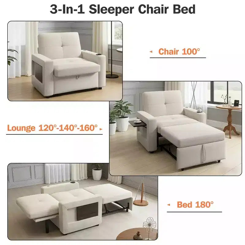 Canapé-lit 3-en-1, lit convertible de 108 cm de large avec dossier réglable, ports USB, table d'appoint et porte-gobelet