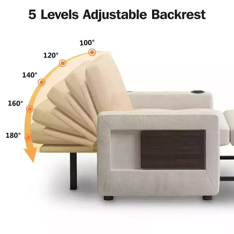 Canapé-lit 3-en-1, lit convertible de 108 cm de large avec dossier réglable, ports USB, table d'appoint et porte-gobelet