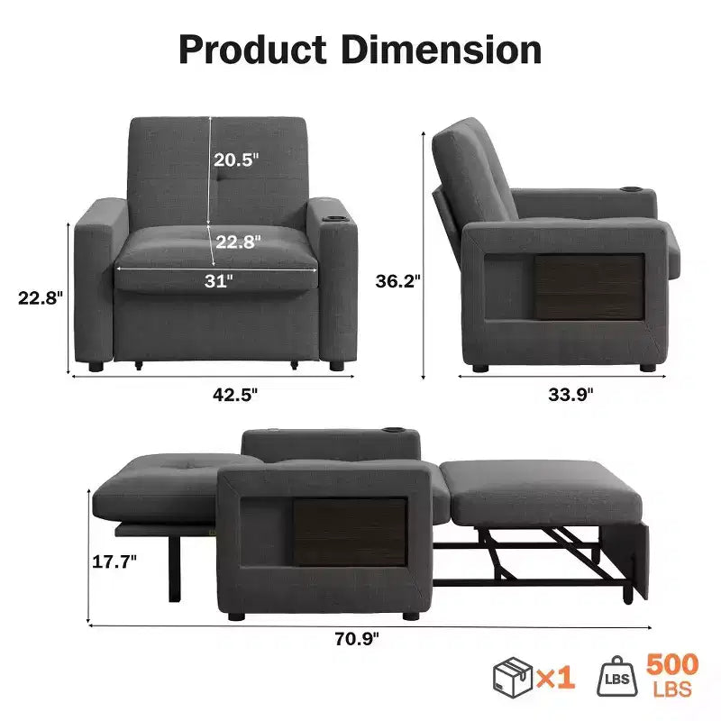 Canapé-lit 3-en-1, lit convertible de 108 cm de large avec dossier réglable, ports USB, table d'appoint et porte-gobelet