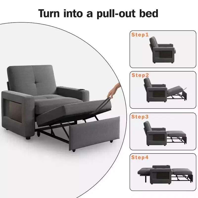 Canapé-lit 3-en-1, lit convertible de 108 cm de large avec dossier réglable, ports USB, table d'appoint et porte-gobelet