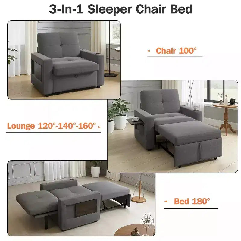 Canapé-lit 3-en-1, lit convertible de 108 cm de large avec dossier réglable, ports USB, table d'appoint et porte-gobelet