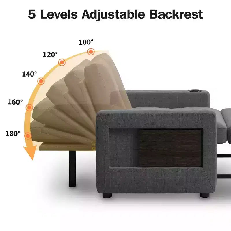 Canapé-lit 3-en-1, lit convertible de 108 cm de large avec dossier réglable, ports USB, table d'appoint et porte-gobelet