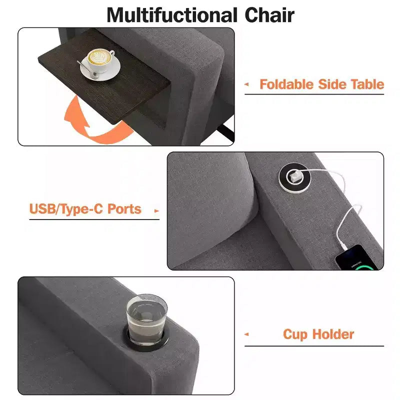 Canapé-lit 3-en-1, lit convertible de 108 cm de large avec dossier réglable, ports USB, table d'appoint et porte-gobelet
