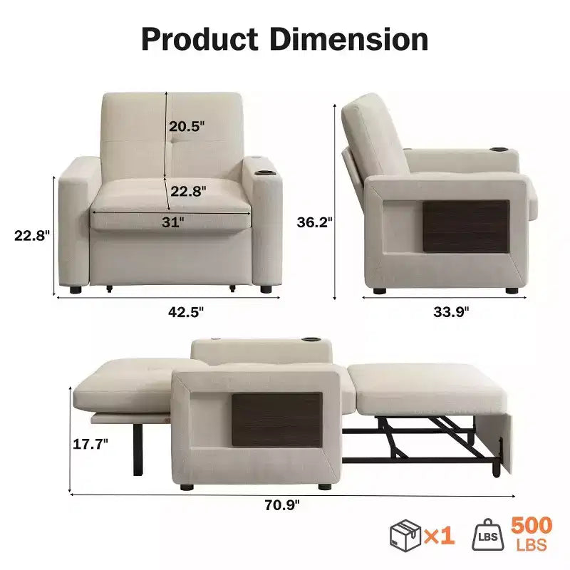 Canapé-lit 3-en-1, lit convertible de 108 cm de large avec dossier réglable, ports USB, table d'appoint et porte-gobelet
