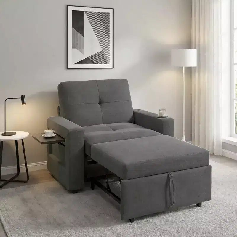 Dyonery 3-in-1 Sleeper Sofa Chair Bed, 42.5 Wide Convertible Pull-Out Sofa with Adjustable Backrest, USB Charging Ports, Side Table & Cup Holder