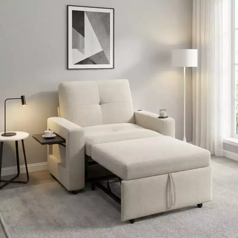 Canapé-lit 3-en-1, lit convertible de 108 cm de large avec dossier réglable, ports USB, table d'appoint et porte-gobelet