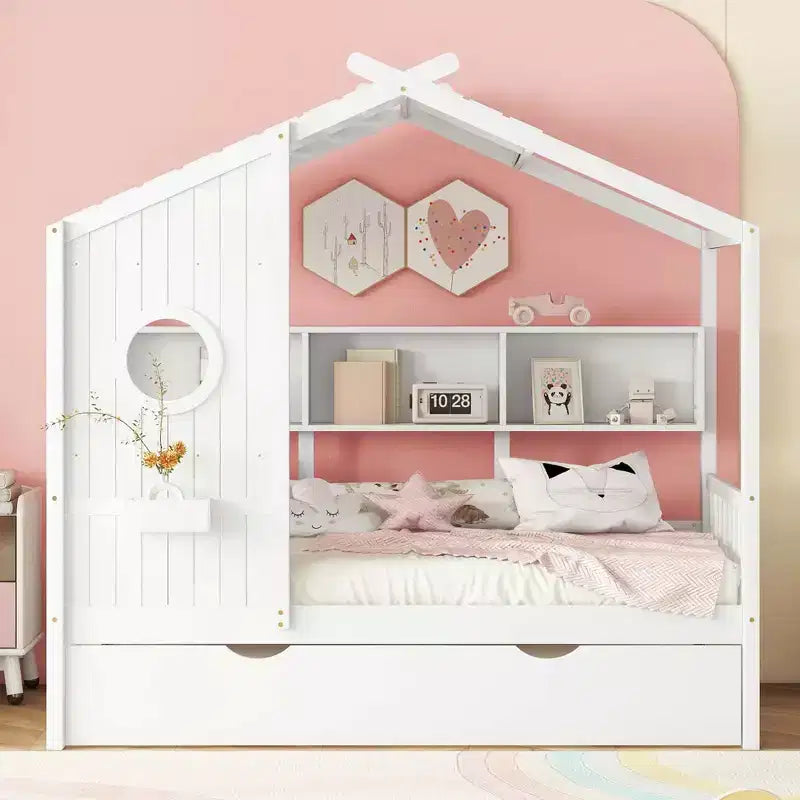 MAYEERTY Twin Size House Bed with Trundle Modern Design for Kids with Storage Shelf for Bedroom White