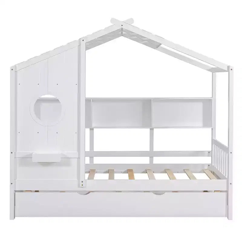 Lit cabane double avec lit gigogne et étagère de rangement pour enfants, blanc