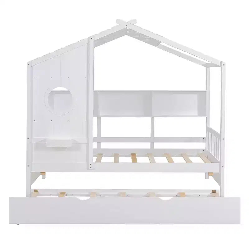 Lit cabane double avec lit gigogne et étagère de rangement pour enfants, blanc