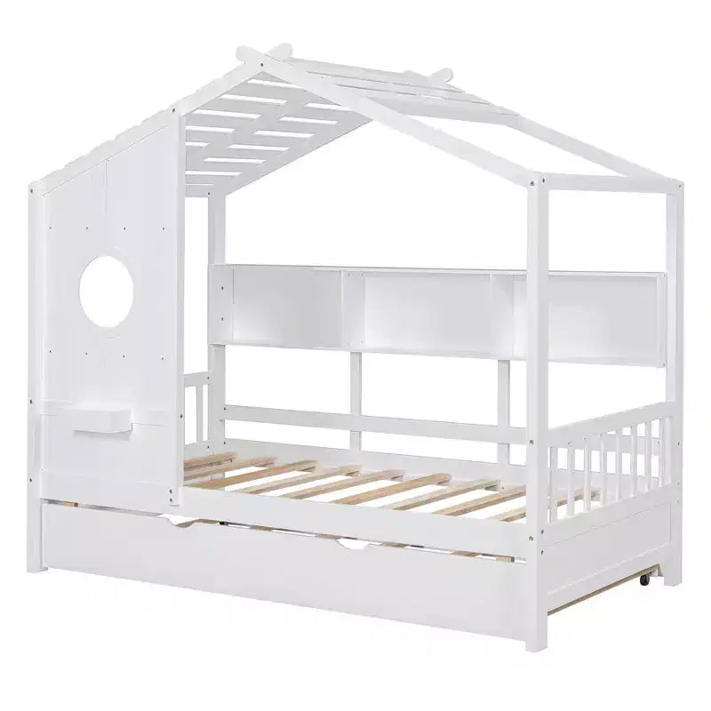 Lit cabane double avec lit gigogne et étagère de rangement pour enfants, blanc