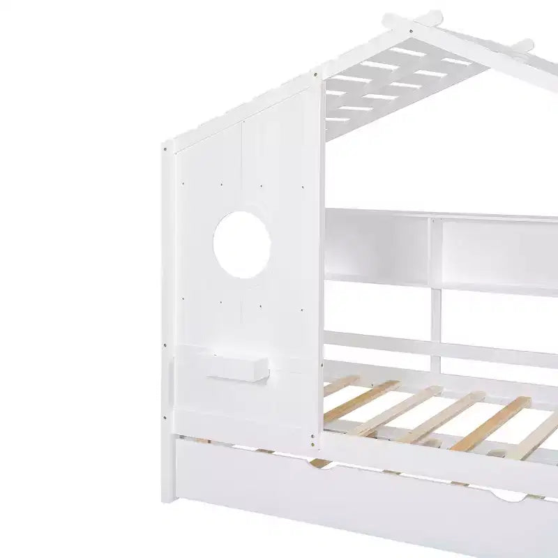Lit cabane double avec lit gigogne et étagère de rangement pour enfants, blanc
