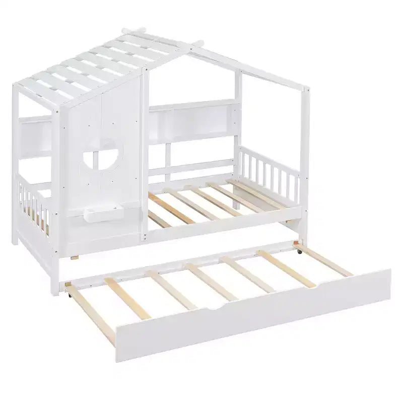 Lit cabane double avec lit gigogne et étagère de rangement pour enfants, blanc