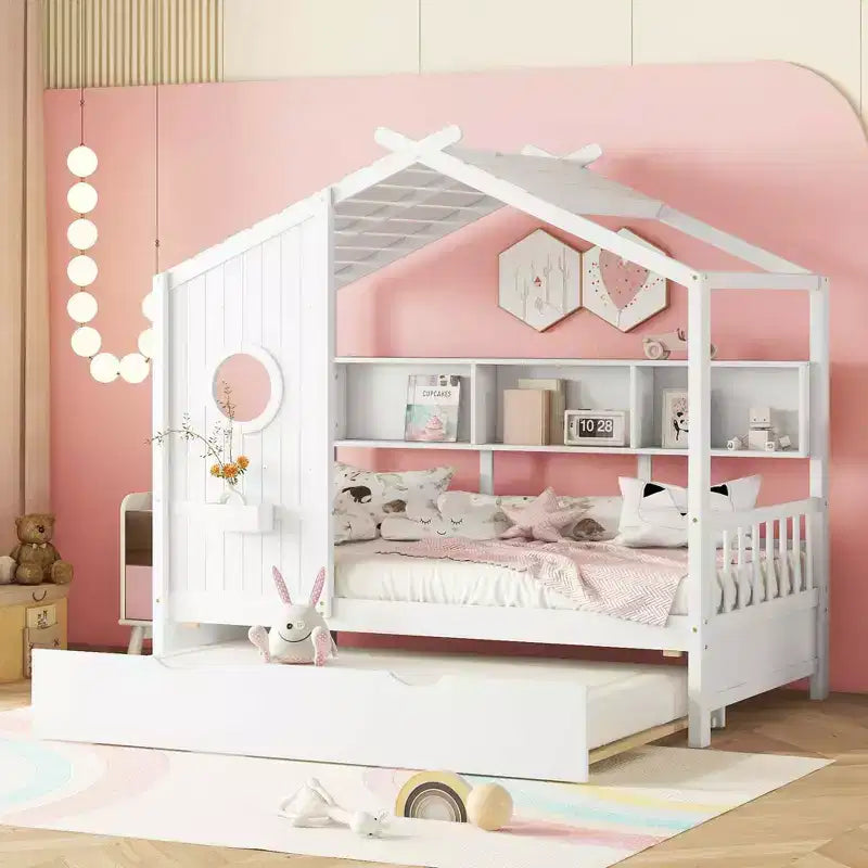Lit cabane double avec lit gigogne et étagère de rangement pour enfants, blanc