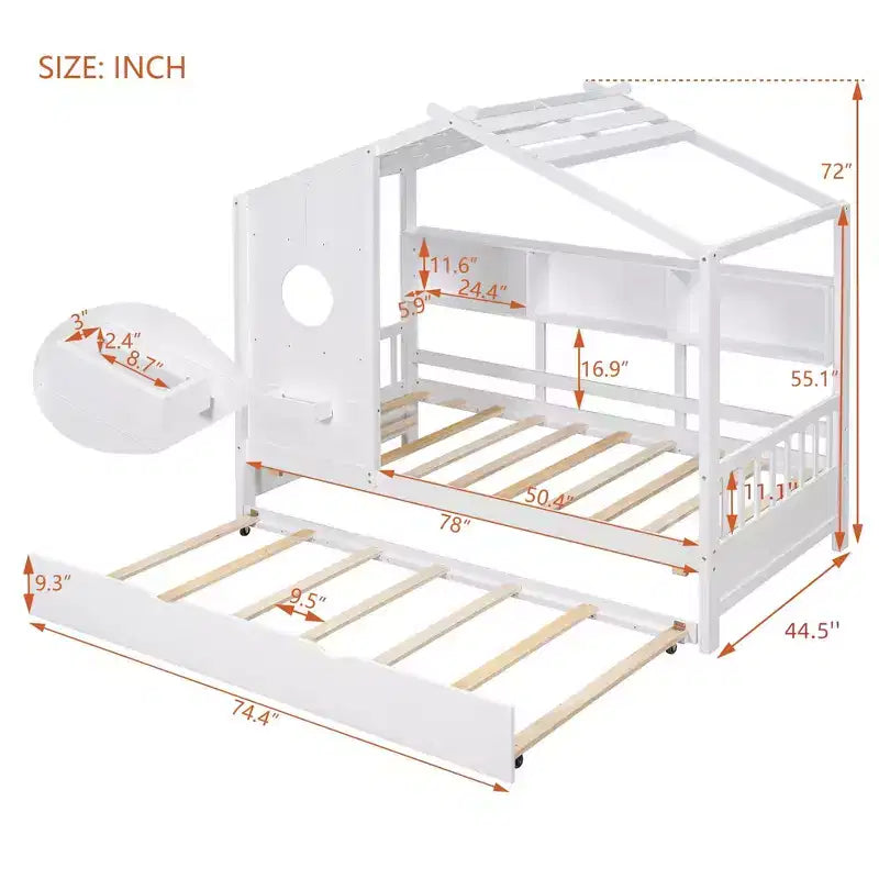 Lit cabane double avec lit gigogne et étagère de rangement pour enfants, blanc
