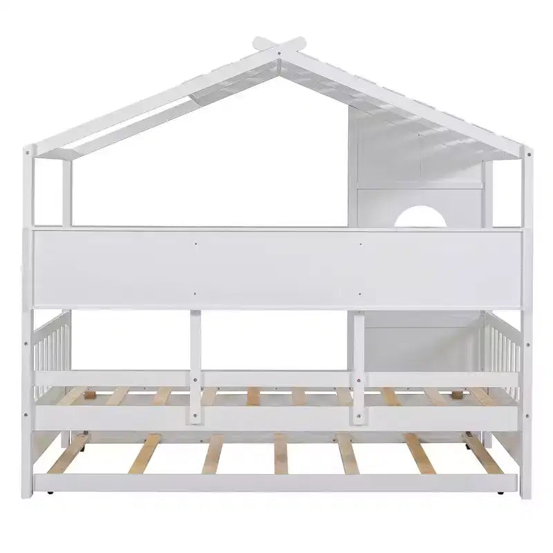 Lit cabane double avec lit gigogne et étagère de rangement pour enfants, blanc
