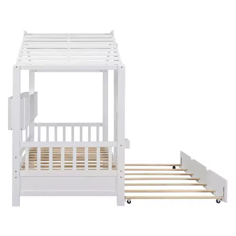Lit cabane double avec lit gigogne et étagère de rangement pour enfants, blanc