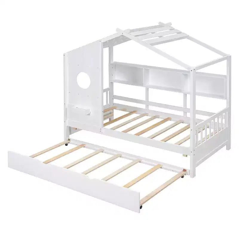 Lit cabane double avec lit gigogne et étagère de rangement pour enfants, blanc