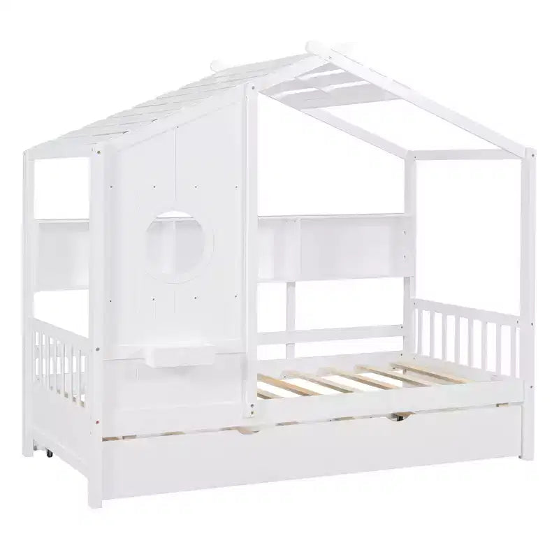 Lit cabane double avec lit gigogne et étagère de rangement pour enfants, blanc