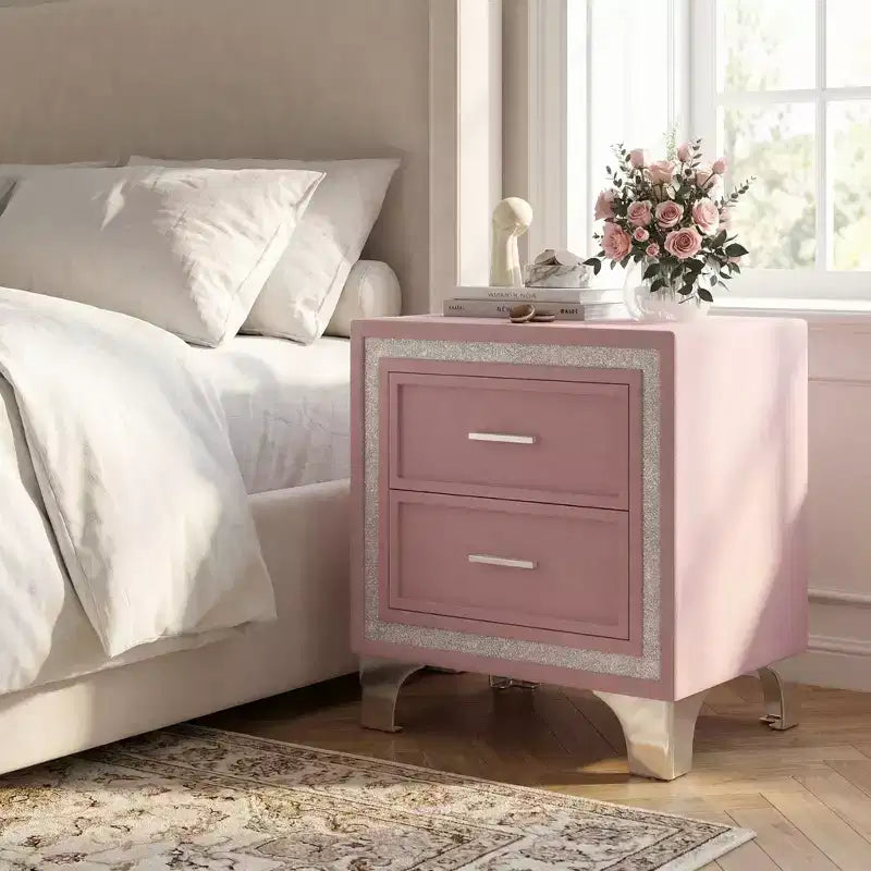 Table de chevet élégante laquée brillante avec poignée métallique, table de chevet miroir avec 2 tiroirs pour chambre à coucher, salon, noire