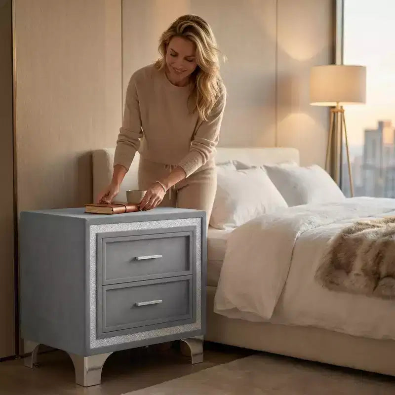 Table de chevet élégante laquée brillante avec poignée métallique, table de chevet miroir avec 2 tiroirs pour chambre à coucher, salon, noire
