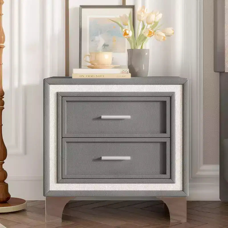 Table de chevet élégante laquée brillante avec poignée métallique, table de chevet miroir avec 2 tiroirs pour chambre à coucher, salon, noire
