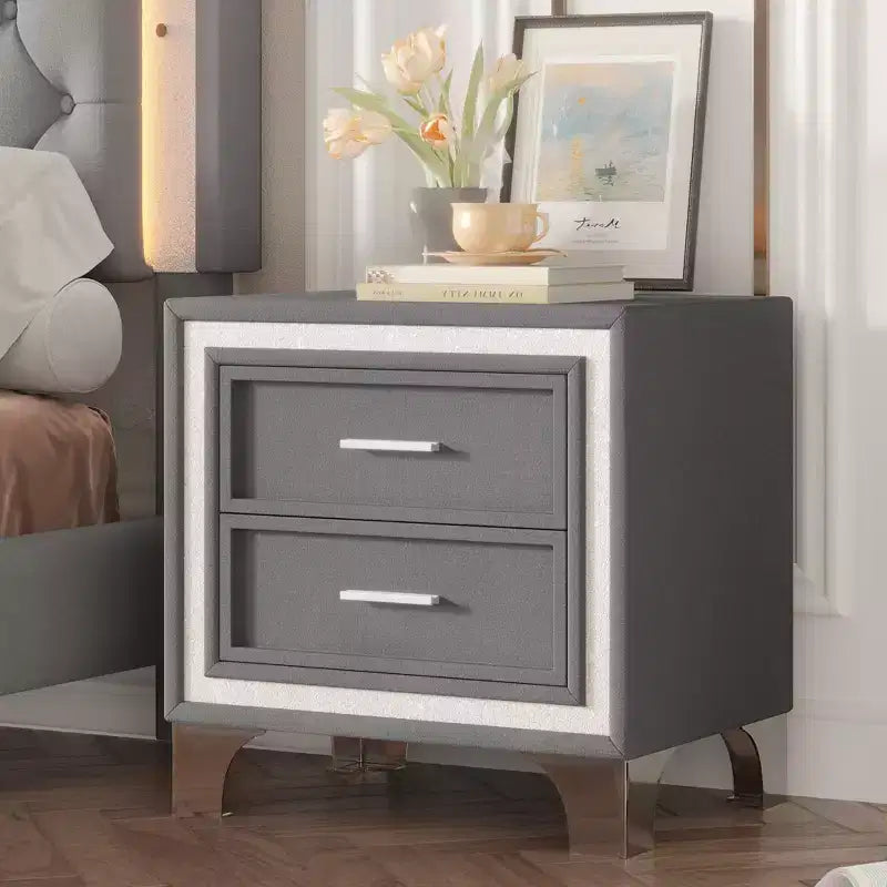 Table de chevet élégante laquée brillante avec poignée métallique, table de chevet miroir avec 2 tiroirs pour chambre à coucher, salon, noire