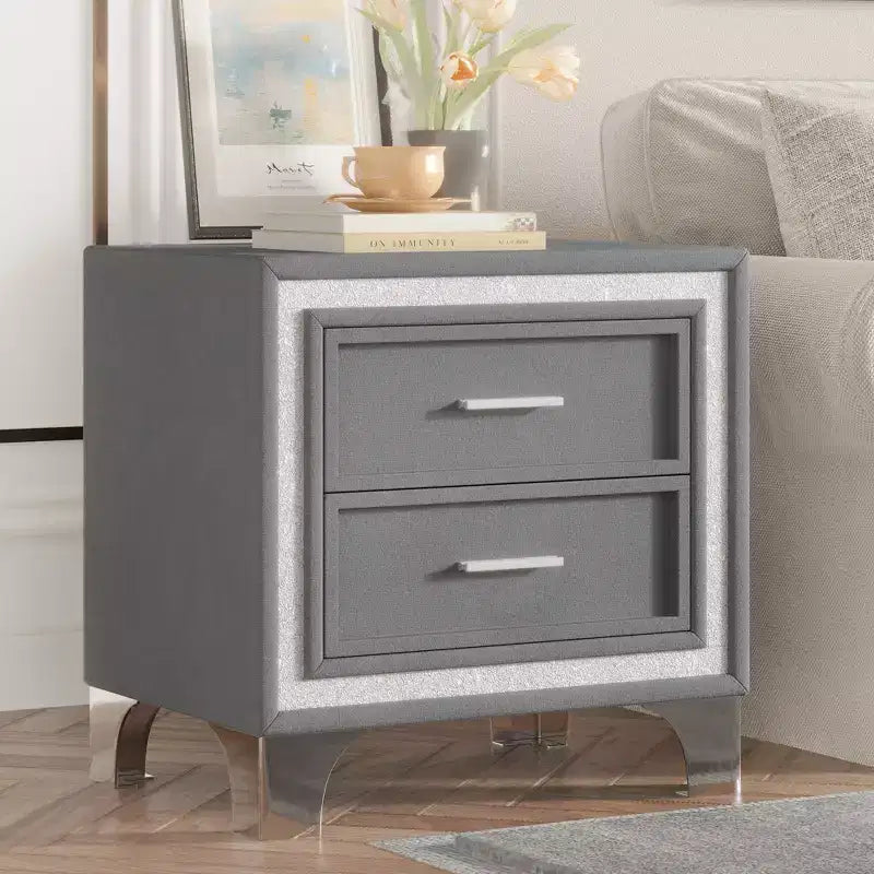 Elegant High Gloss Nightstand with Metal Handle, Mirrored Bedside Table with 2 Drawers for Bedroom,Living Room,Black