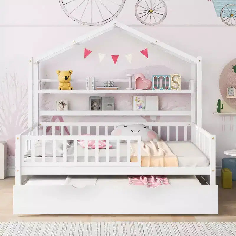 MAYEERTY Wooden Full Size House Bed with Twin Size Trundle Kids Bed with Shlef for Bedroom White