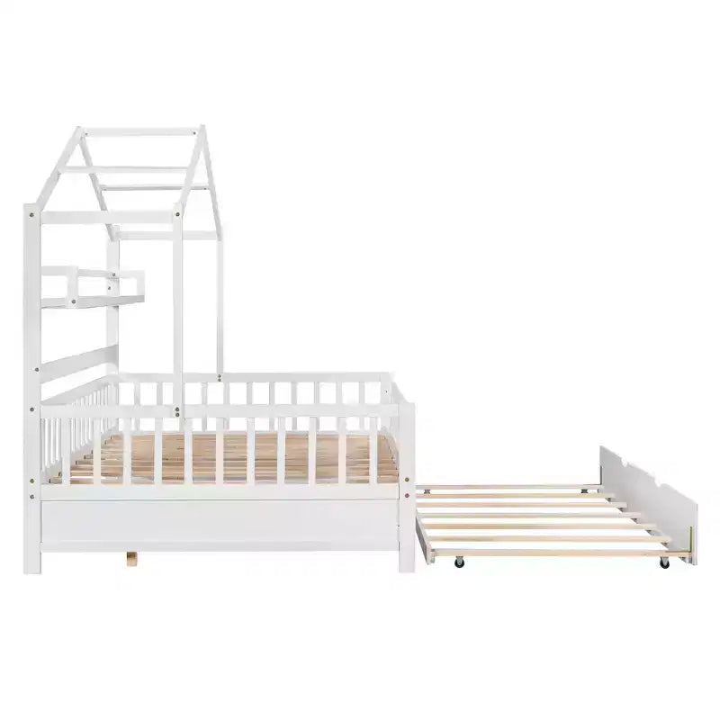 Lit maison en bois de taille double avec lit gigogne simple, lit pour enfants avec étagère, blanc