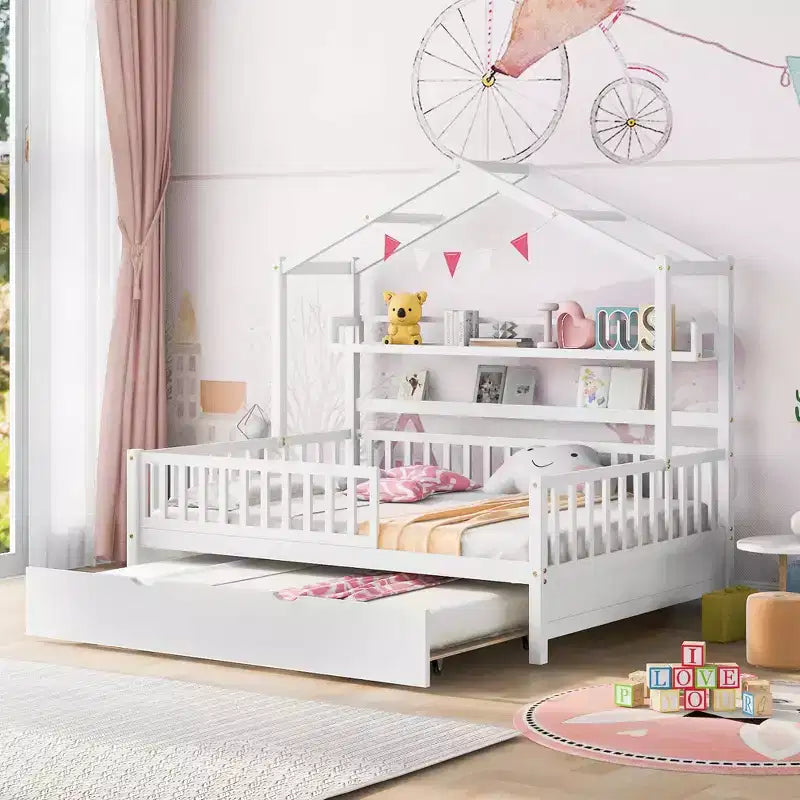Lit maison en bois de taille double avec lit gigogne simple, lit pour enfants avec étagère, blanc