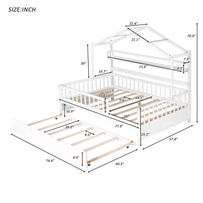 Lit maison en bois de taille double avec lit gigogne simple, lit pour enfants avec étagère, blanc